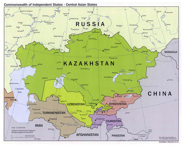 Large political map of Central Asian States - 2002.