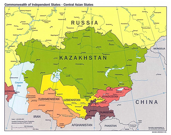 Large political map of Central Asian States with major cities - 1995.