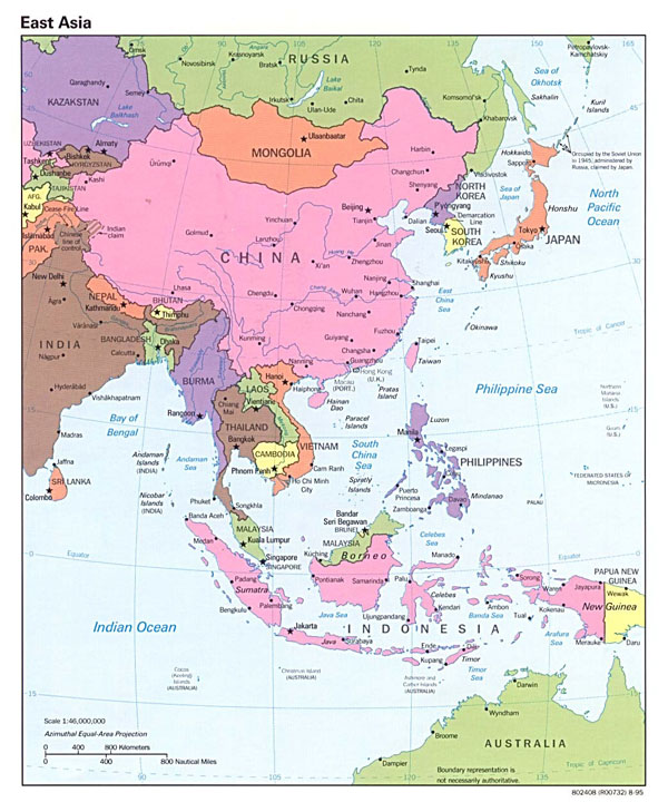 Detailed political map of East Asia with capitals - 1995.