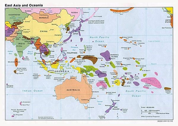 Large political map of East Aisa and Oceania with capitals - 1992.