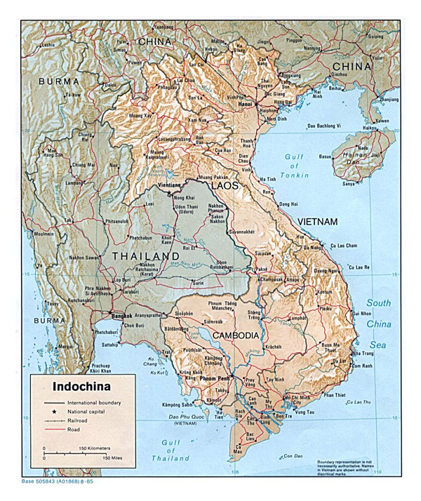 Detailed political map of Indochina with relief - 1985.