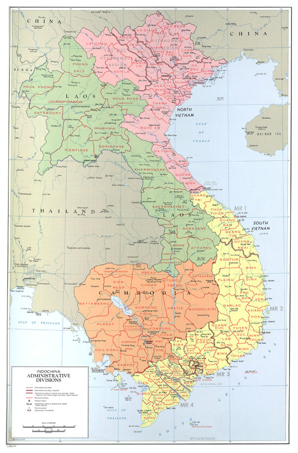 Large detailed administrative divisions map of Indochina - 1970.