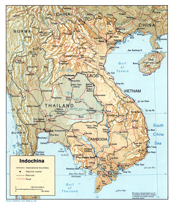 Large detailed political map of Indochina with relief - 1985.