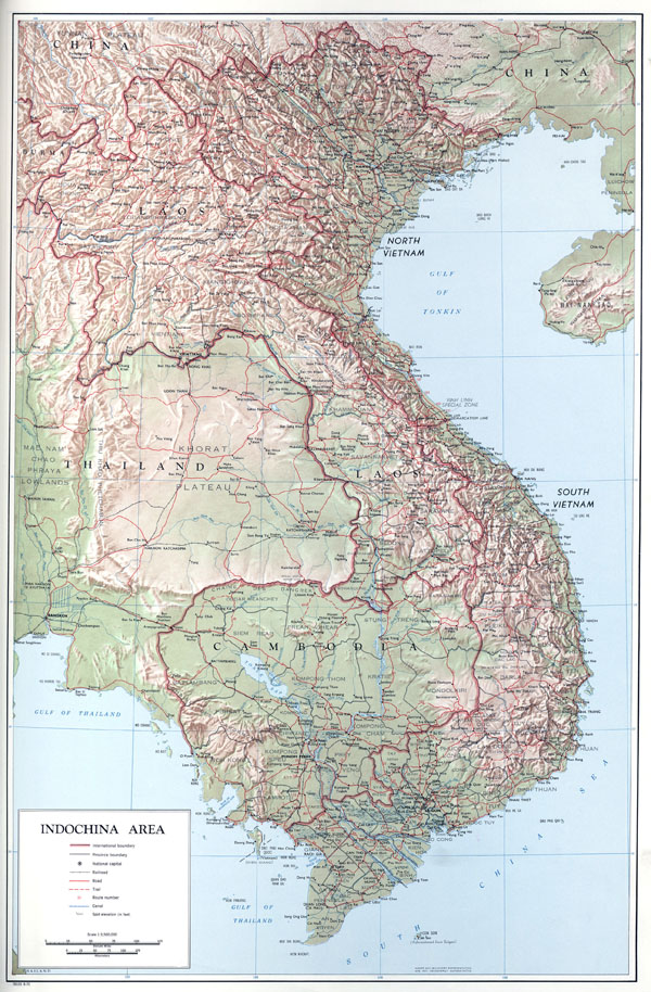 Large detailed political map of Indochina with relief, roads and cities - 1970.