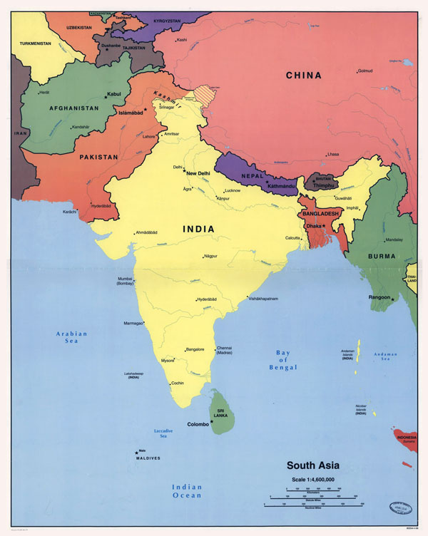Large detailed political map of South Asia - 1998.