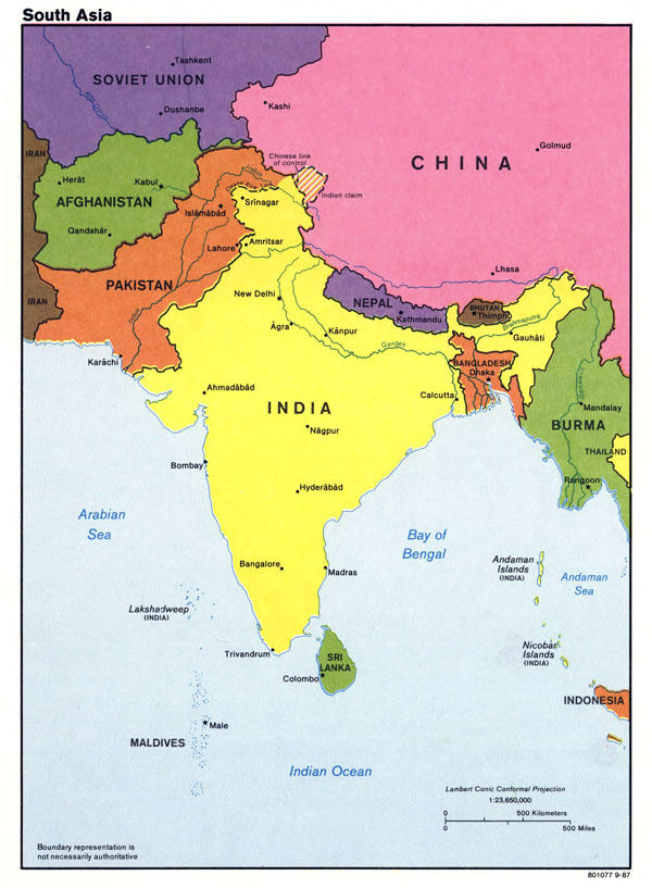 Large detailed political map of South Asia with major cities and capitals - 1987.