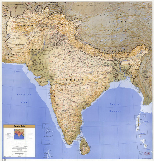 Large scale political map of South Asia with relief, roads, railroads, cities, airports and seaports - 1993.