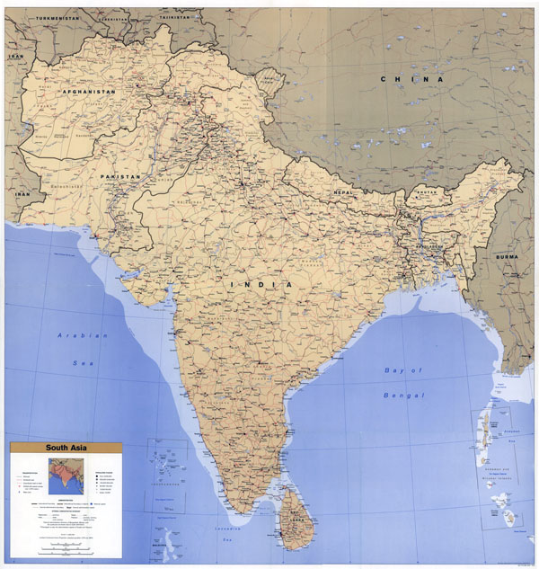 Large scale political map of South Asia with roads, railroads, cities, airports and seaports - 1993.