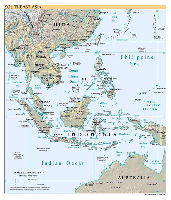 Detailed political map of Southeast Asia with relief - 1999.