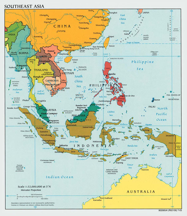 Large political map of Southeast Asia with capitals - 2003.