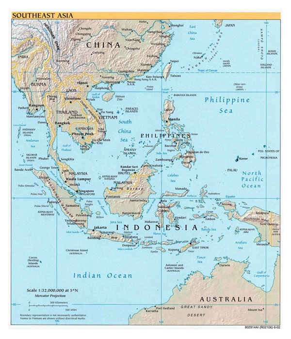 Large political map of Southeast Asia with relief, capitals and major cities - 2002.