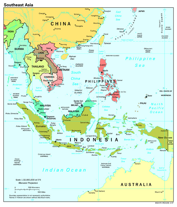 Large scale political map of Southeast Asia with capitals - 1997.