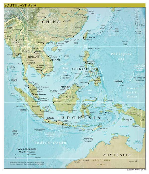 Large scale political map of Southeast Asia with relief, capitals and major cities - 2013.