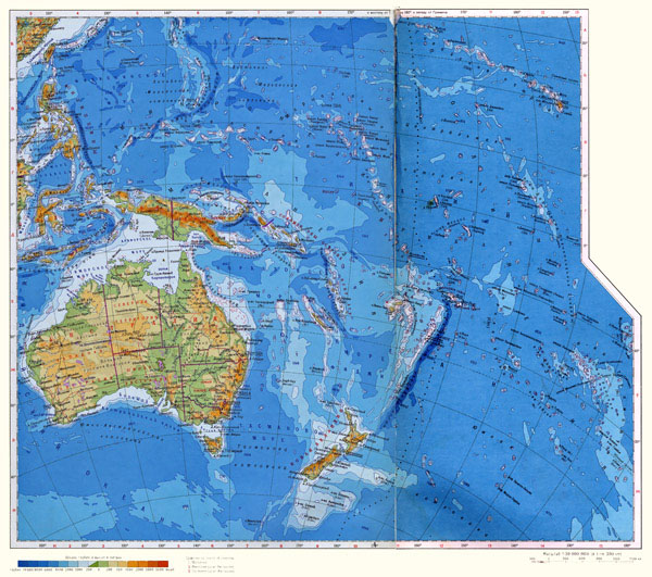 Large detailed physical map of Australia and Oceania in Russian.