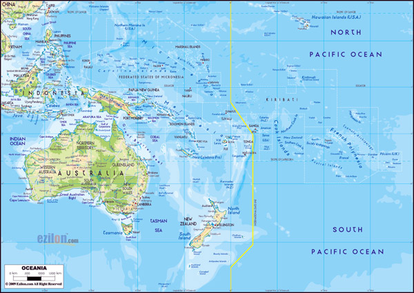 Large detailed physical map of Australia and Oceania with roads and cities.