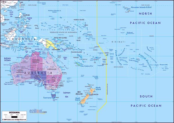 Large detailed political and administrative map of Australia and Oceania with cities and highways.