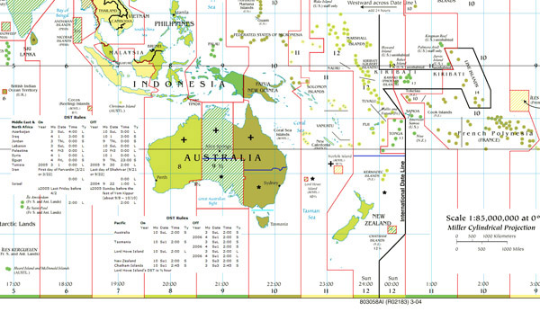 Large detailed time zones map of Australia and Oceania.