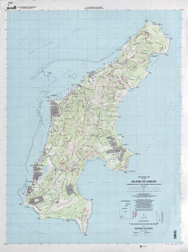 Large detailed topographical map of Saipan Island, Northern Mariana Islands.