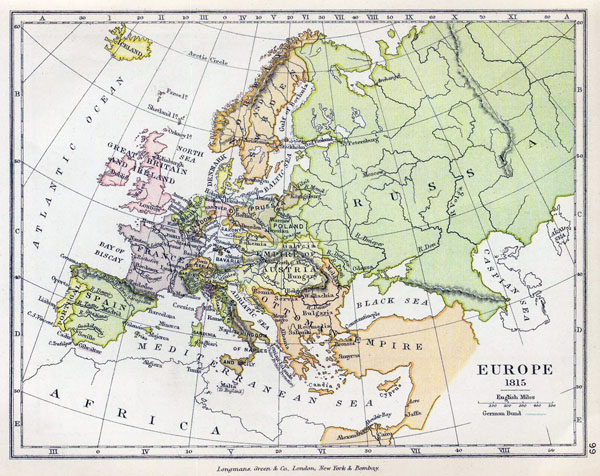 Detailed old political map of Europe - 1815.