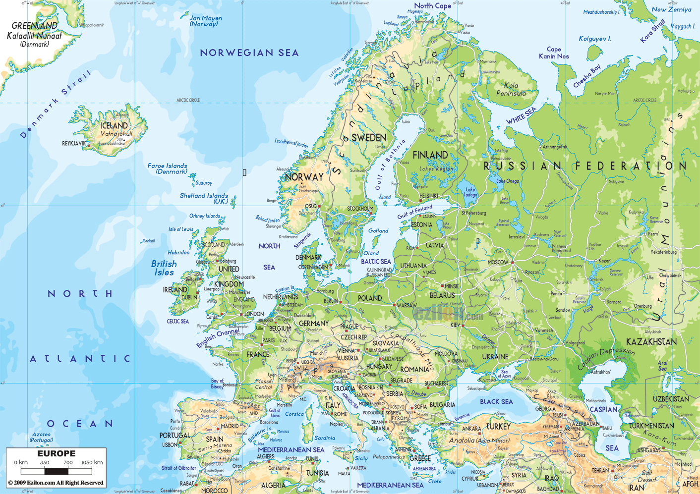 Detailed Physical Map Of Europe With Roads Europe Detailed Physical Map With Roads Vidiani 