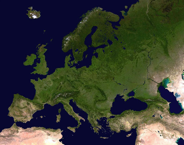 Detailed satellite map of Europe.