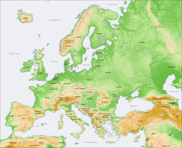 Large detailed physical map of Europe 2006 issue.
