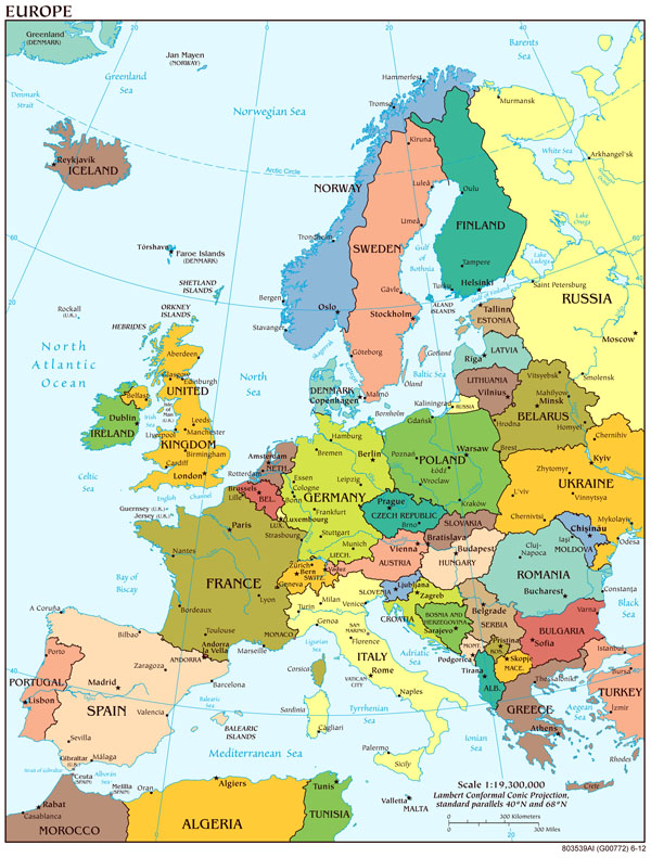 Large detailed political map of Europe with capitols and major cities.