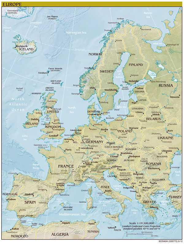 Large detailed political map of Europe with relief, capitols and major cities.