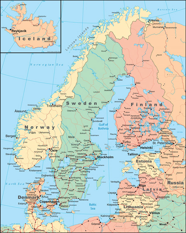 Large detailed political map of Scandinavia with roads and cities.