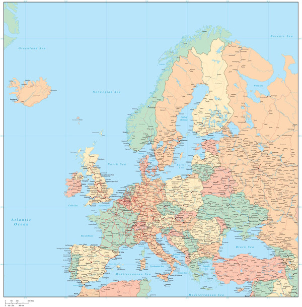 Large detailed political map of Europe with all cities and roads.