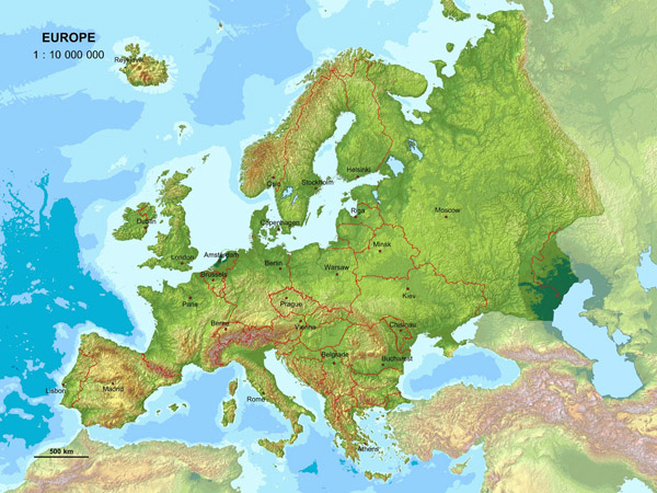 Large detailed relief map of Europe.