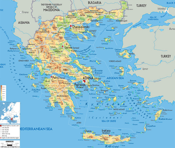 Large detailed physical map of Greece with all cities, roads and airports.