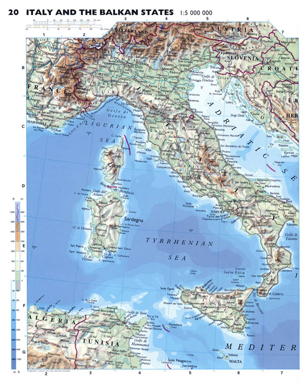 Large detailed physical map of Italy with roads and major cities.
