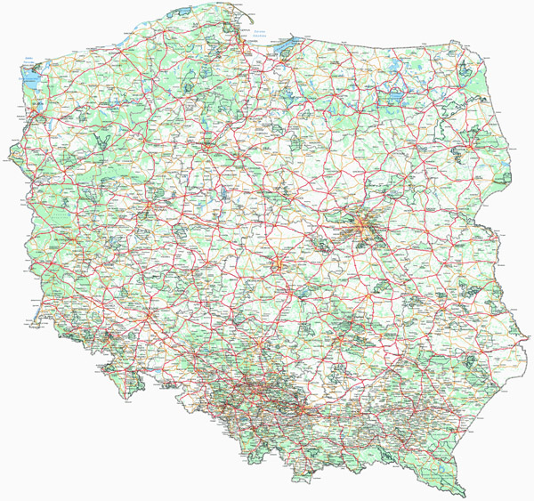 Large detailed road and highways map of Poland with all cities and villages.