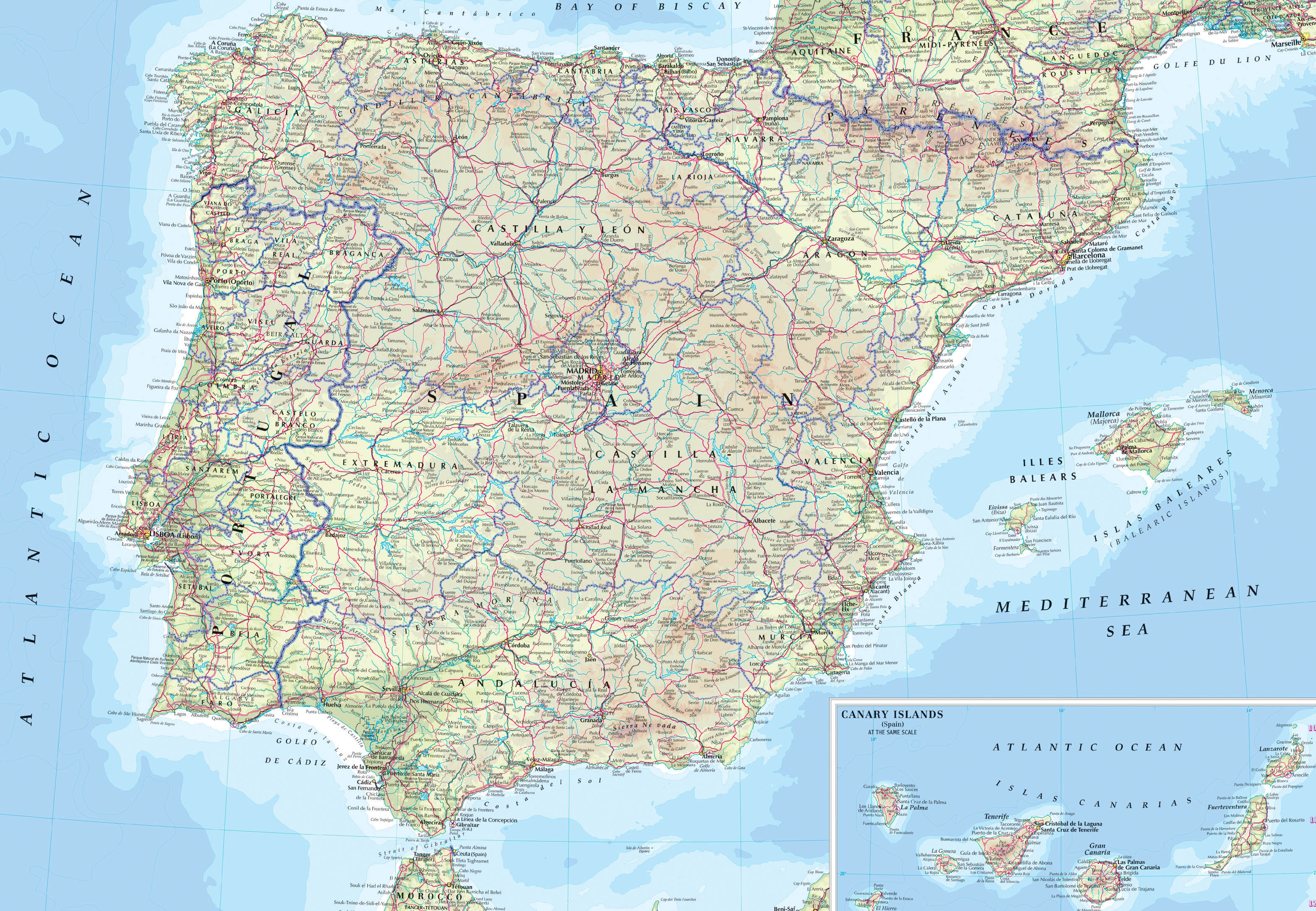 Detailed Physical Map Of Spain Spain Detailed Physical Map Vidiani