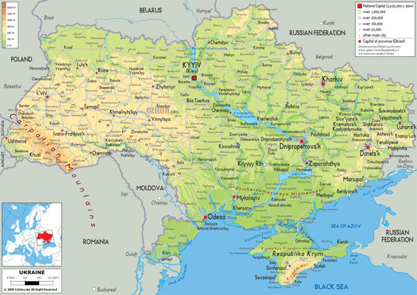 Large detailed physical map of Ukraine with all roads, cities and airports.