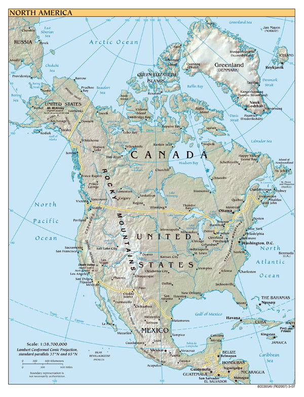 North America large detailed political map with relief, all capitals and major cities.