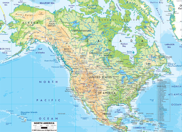 Detailed physical map of North America with roads and cities.