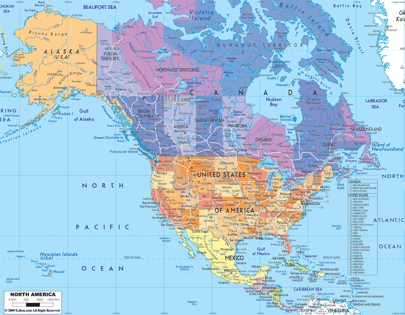 Detailed Political Map Of North America With Roads Vidiani Maps Of All Countries In One 