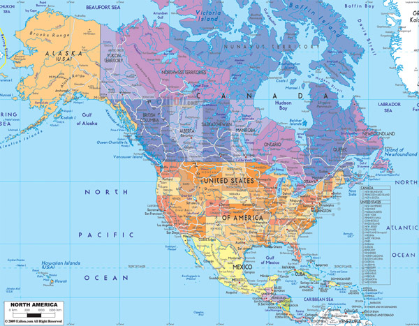 Detailed political map of North America with roads.