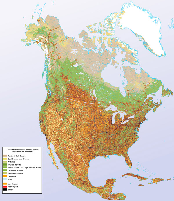 Large detailed human impact map of North America.