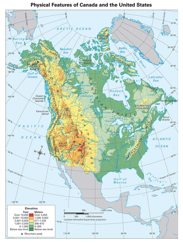 Large detailed physical map of North America.