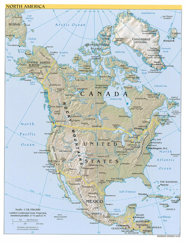 Large detailed political and relief map of North America.