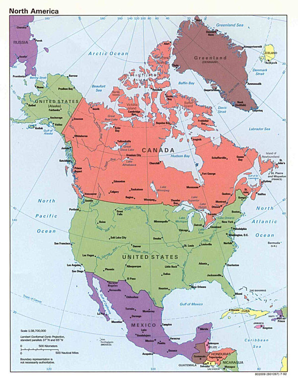 Large detailed political map of North America.