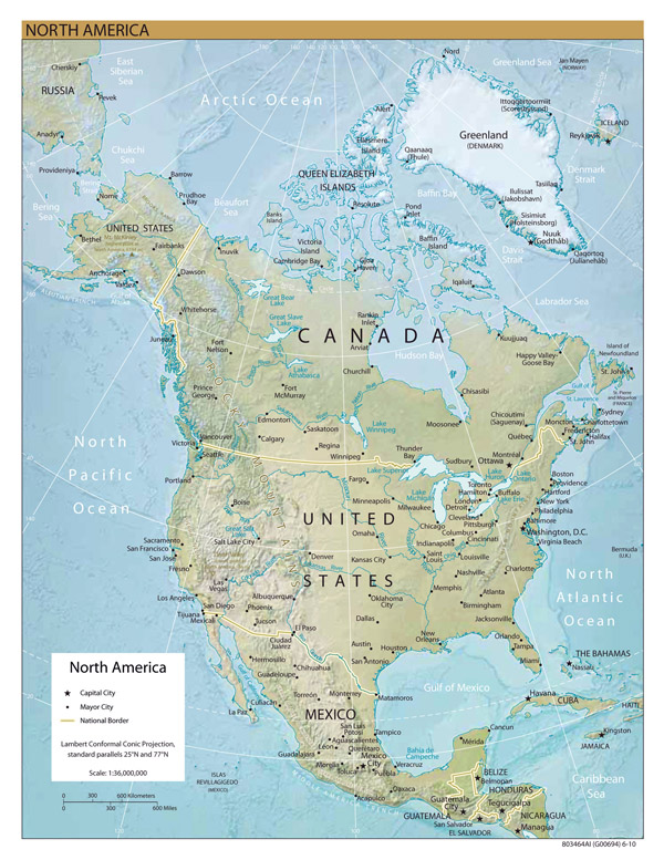 Large detailed relief map of North America.