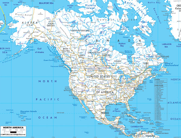Large detailed road map of North America with cities and airports.