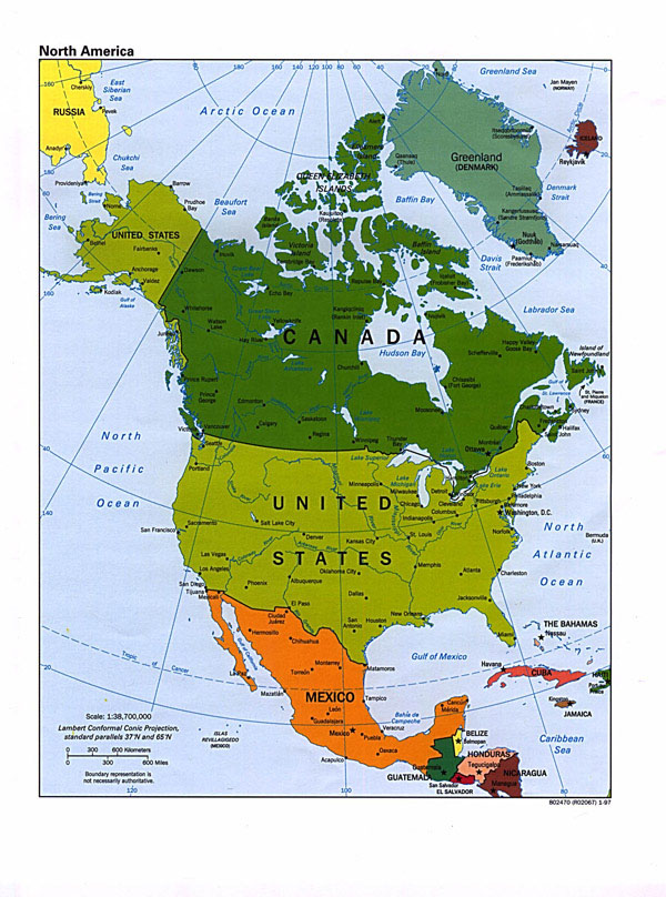 Large political map of North America.