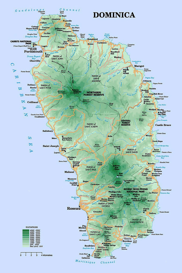 Detailed road and physical map of Dominica island.