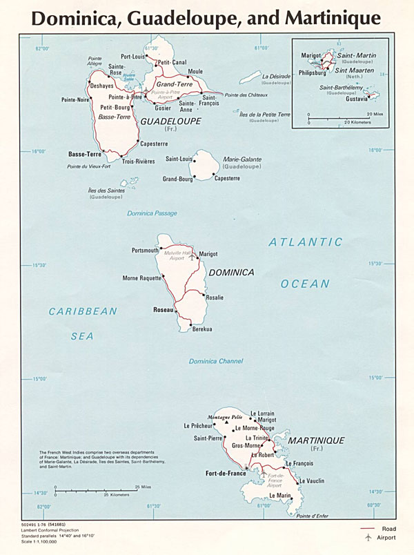 Large detailed political map of Dominica, Guadeloupe and Martinique.