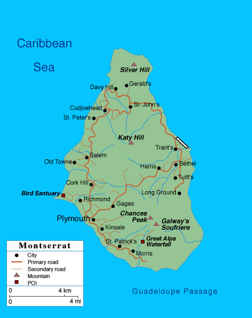 Large detailed road map of Montserrat Island with cities.